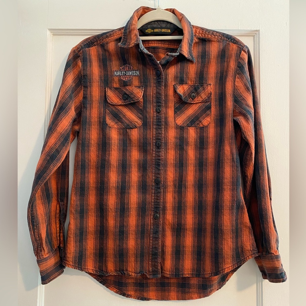 Harley-Davidson Cotton Embroidered Graphic Back Plaid Shirt Black Orange